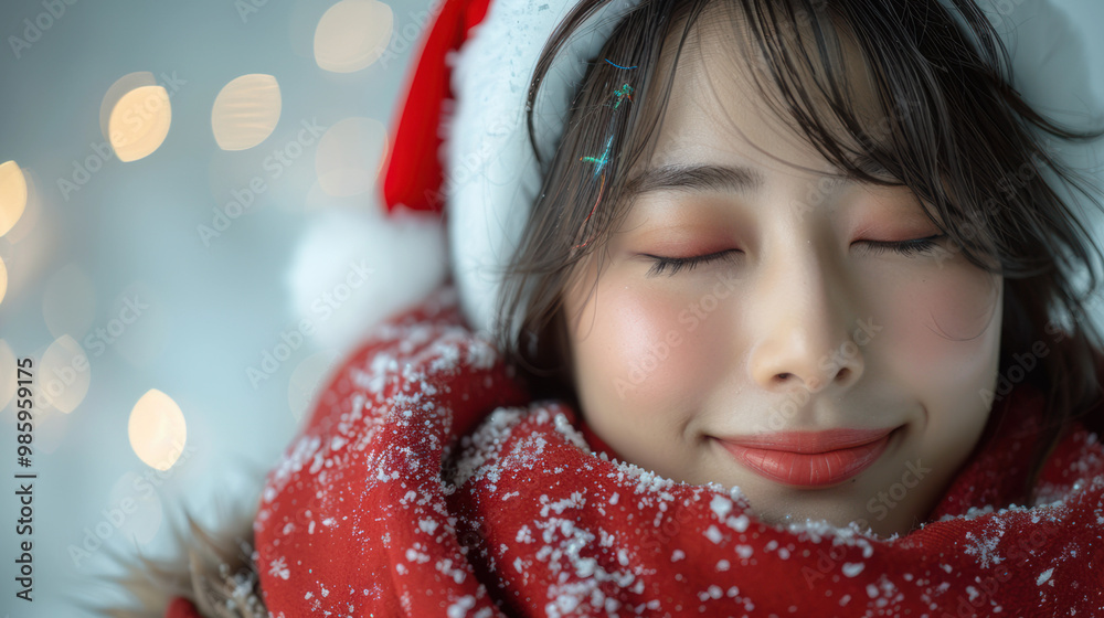 雪の中で静かに目を閉じる日本人女性 雪の中で静かに目を閉じる日本人女性