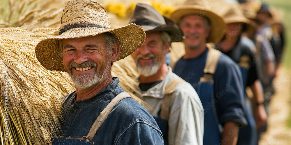 Rural Harvest Celebration: A group of joyful farmworkers, dressed in ...