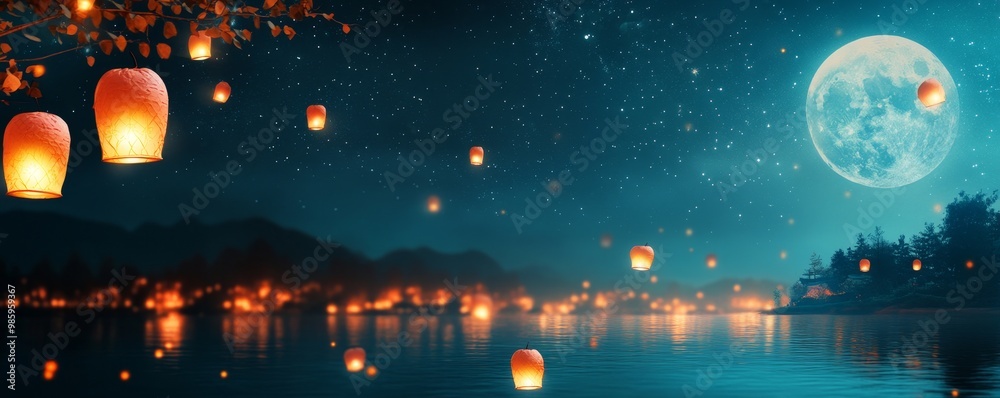 Sky Lanterns and the Full Moon Over a Tranquil Lake Sky Lanterns and the Full Moon Over a Tranquil Lake