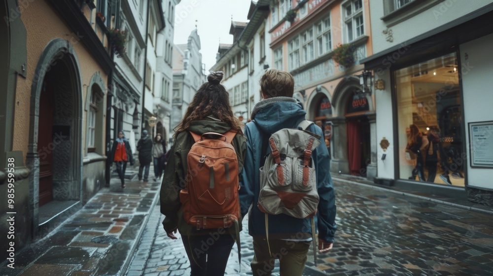 A pair of individuals strolling along a historic cobblestone street A pair of individuals strolling along a historic cobblestone street