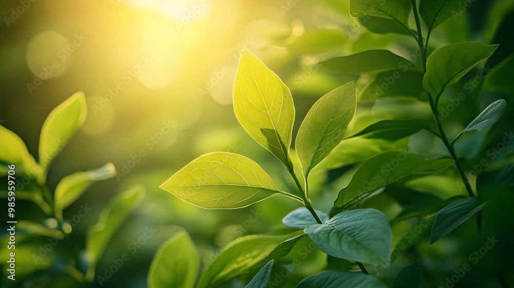Vibrant leaves on a sunlit plant, showcasing bright green foliage and lush botanical detail in a serene garden setting with natural light and organic textures.