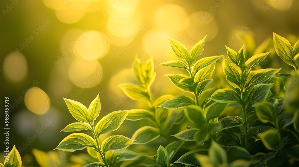 Obraz premium Vibrant leaves on a sunlit plant, showcasing bright green foliage and lush botanical detail in a serene garden setting with natural light and organic textures.