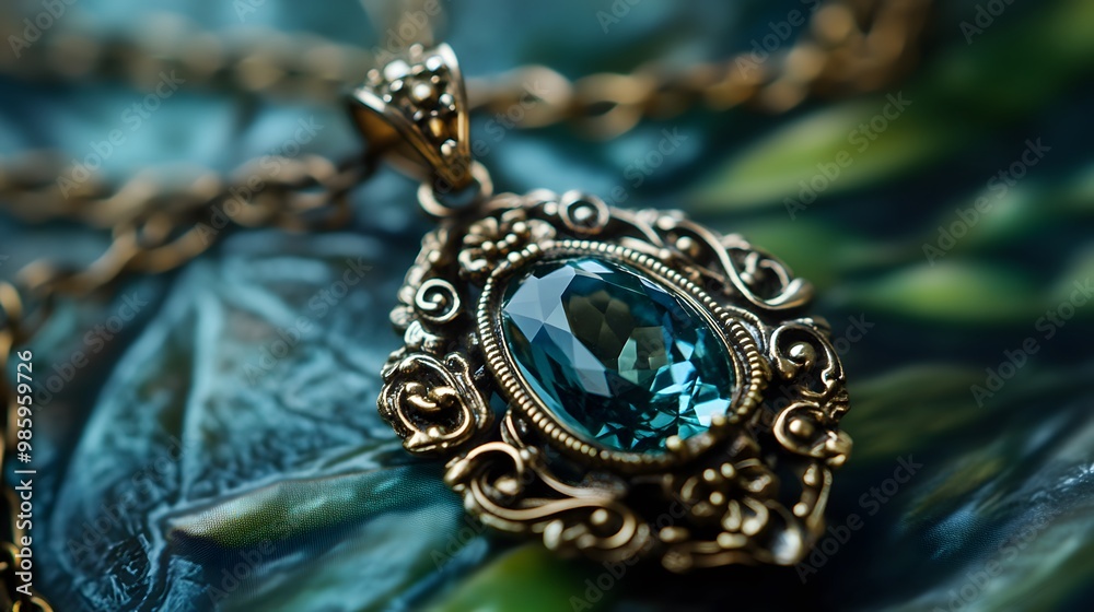 Ornate Gold Pendant with Blue Gemstone Ornate Gold Pendant with Blue Gemstone