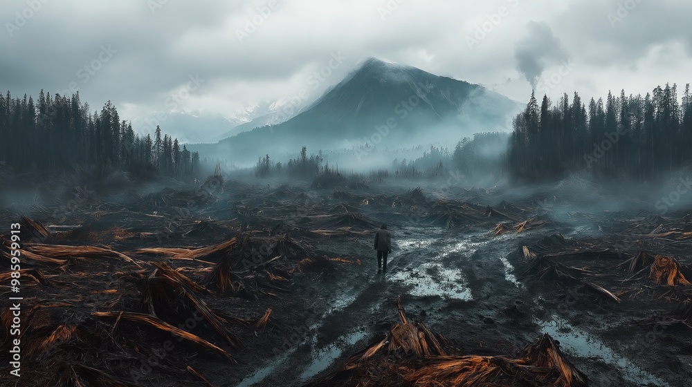 Naklejka premium Lonely figure walking through deforested landscape beneath mountains