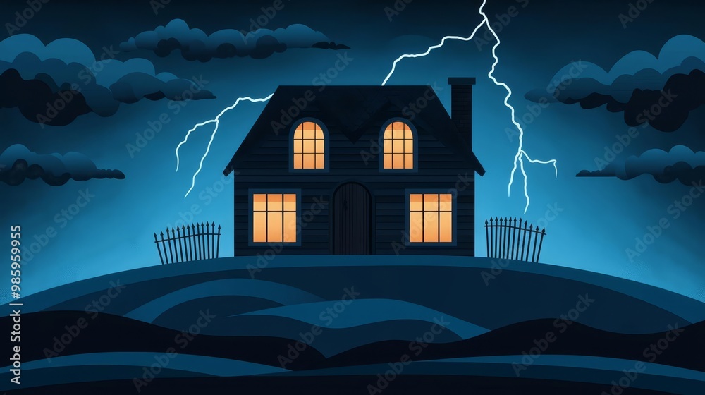 Dark, stormy night sky over a desolate, abandoned house on a hill, with lightning illuminating the haunted windows and creaky old gate, enhancing the spooky Halloween atmosphere Dark, stormy night sky over a desolate, abandoned house on a hill, with lightning illuminating the haunted windows and creaky old gate, enhancing the spooky Halloween atmosphere