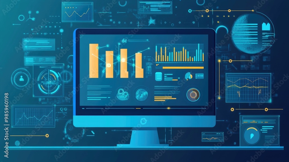 a computer and dashboard for data business analysis and Data Management System, Customers database, gather information to report, Data science technology and digital marketing icons a computer and dashboard for data business analysis and Data Management System, Customers database, gather information to report, Data science technology and digital marketing icons