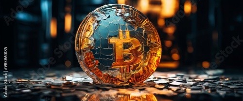 A powerful image featuring a cracked Bitcoin emblem encased in shattered glass, representing the fragility and risks associated with digital currency. This image is ideal for themes around financial