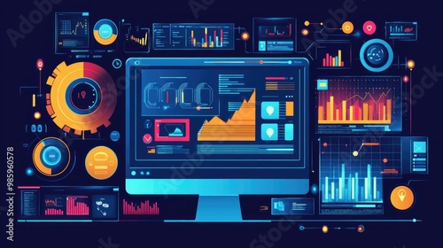 a computer and dashboard for data business analysis and Data Management System, Customers database, gather information to report, Data science technology and digital marketing icons