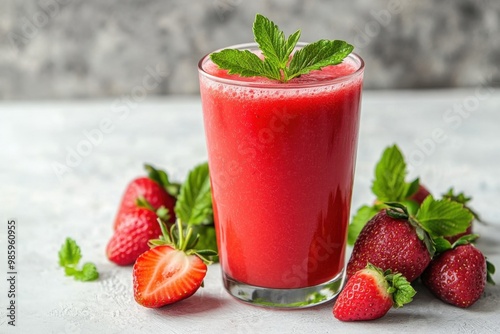 Glass of tasty strawberry juice on white table