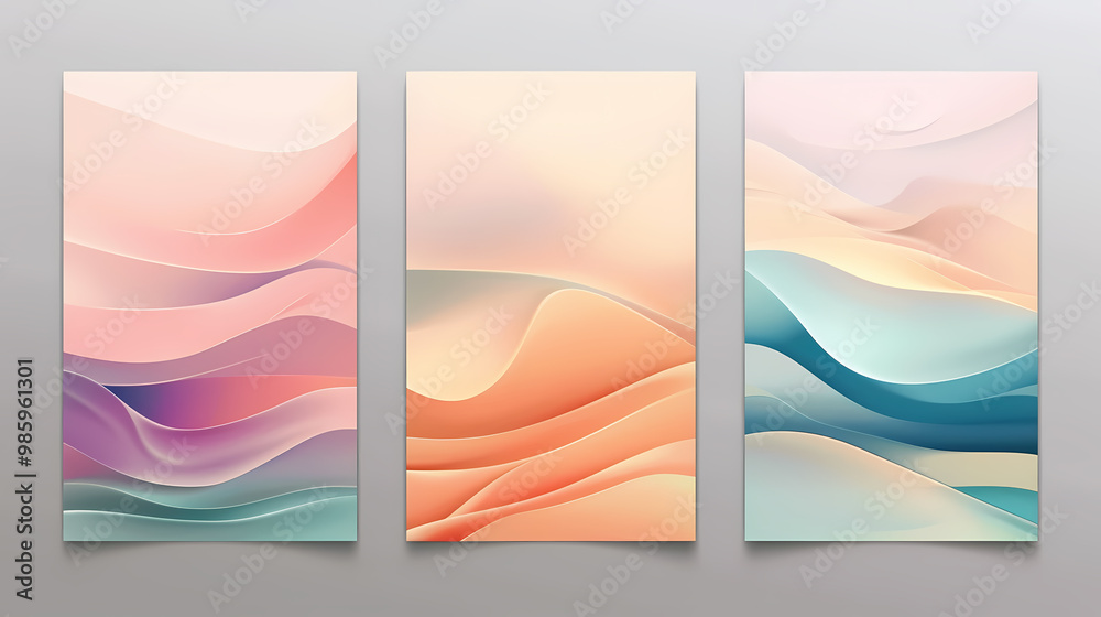 Obraz premium Three abstract digital paintings in pink, orange, and blue hues, each with a unique wavy pattern.