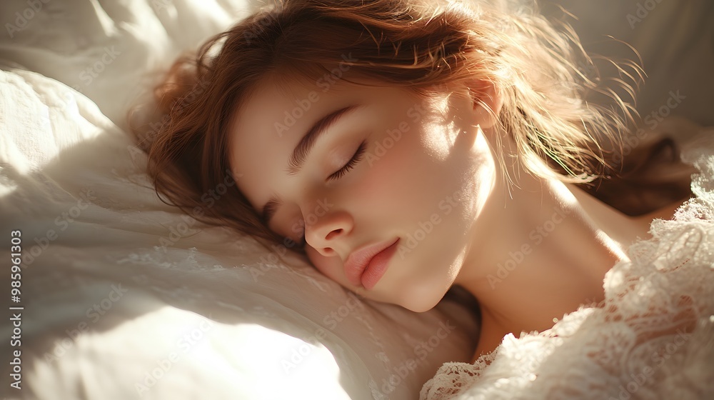 Young woman sleeping peacefully in white clothes on soft bed linens, bathed in morning light, capturing a serene bedroom atmosphere in a gentle, intimate portrait. Young woman sleeping peacefully in white clothes on soft bed linens, bathed in morning light, capturing a serene bedroom atmosphere in a gentle, intimate portrait.