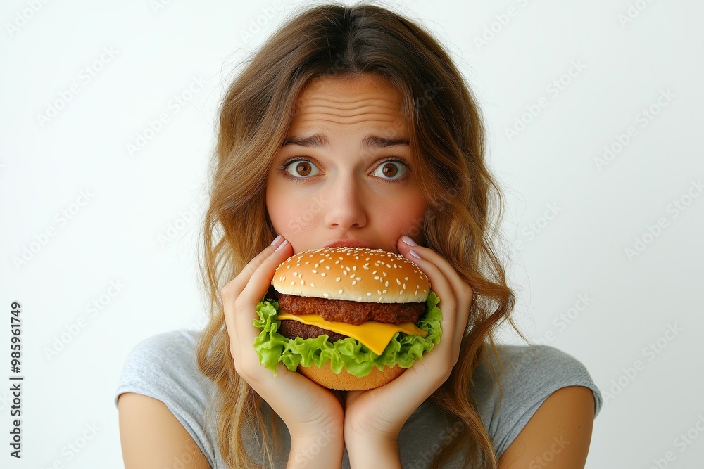 Young woman with burger on white background, closeup. Unhealthy food concept Young woman with burger on white background, closeup. Unhealthy food concept