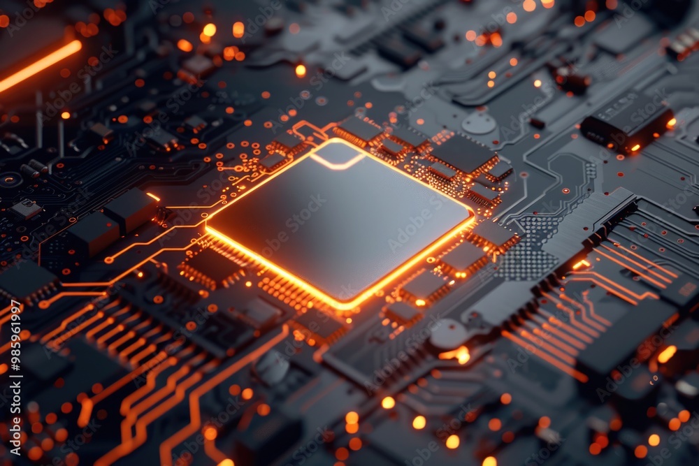 A detailed view of a microprocessor on a motherboard, suitable for technology and electronics illustrations A detailed view of a microprocessor on a motherboard, suitable for technology and electronics illustrations