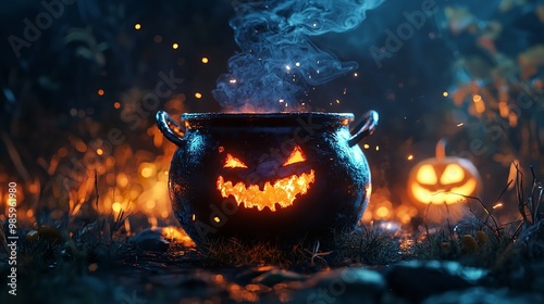 Carved Pumpkins with a Blue Witch Hat on a Dark Forest Background photo