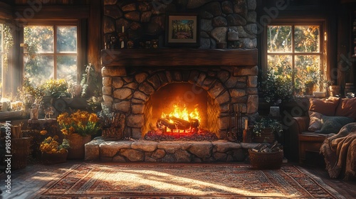 intimate closeup of a rustic stone fireplace with a crackling fire casting warm light and long shadows in a cozy living room embodying comfort and tranquility photo