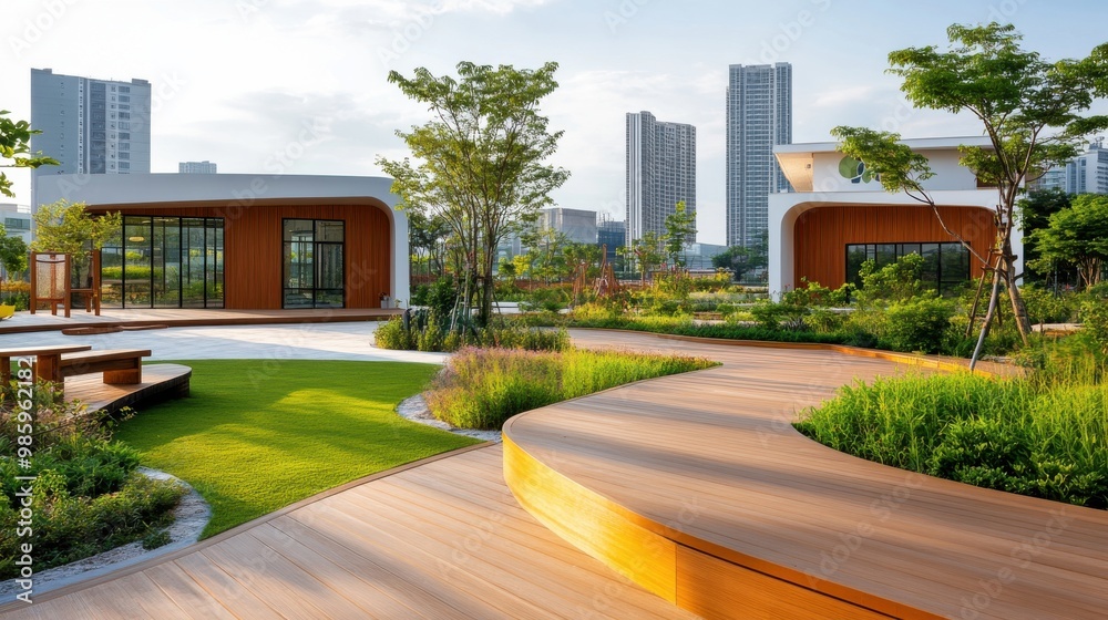 Urban Oasis Garden with Wooden Bench and Meandering Pathways Urban Oasis Garden with Wooden Bench and Meandering Pathways