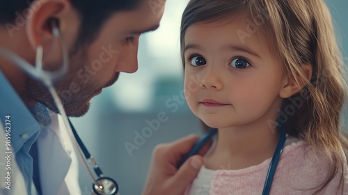 Little girl's heartbeat checked by doctor. photo