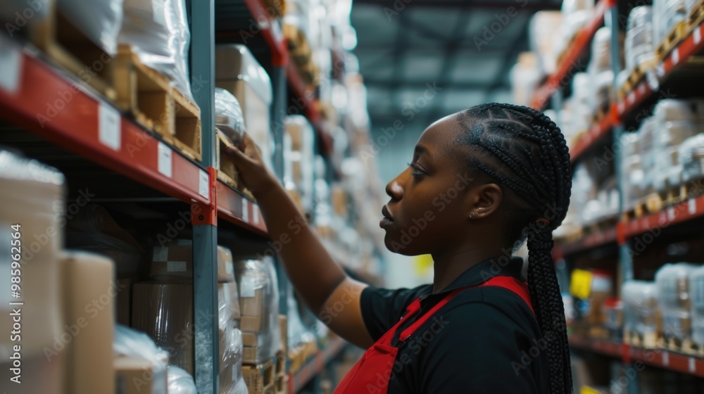 A woman selects food from a warehouse shelf A woman selects food from a warehouse shelf