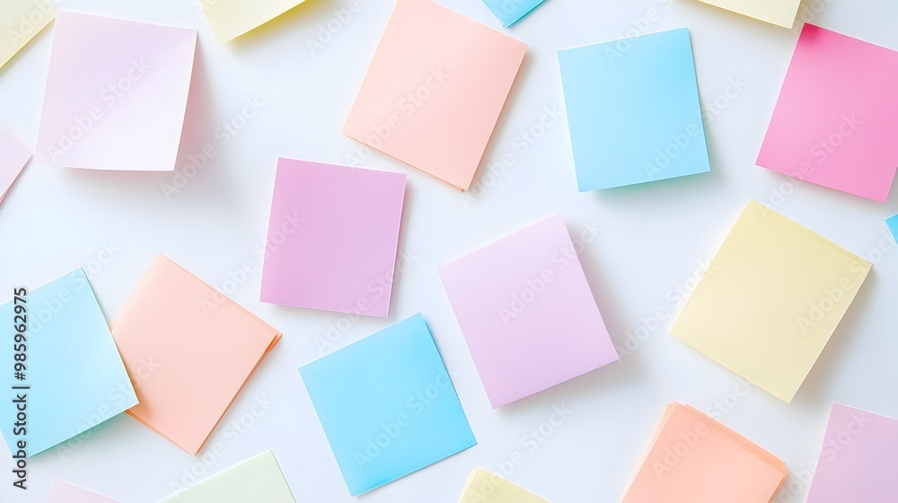 Assorted Pastel Sticky Notes on Plain White Background with Soft Hues and Tactile Texture Assorted Pastel Sticky Notes on Plain White Background with Soft Hues and Tactile Texture