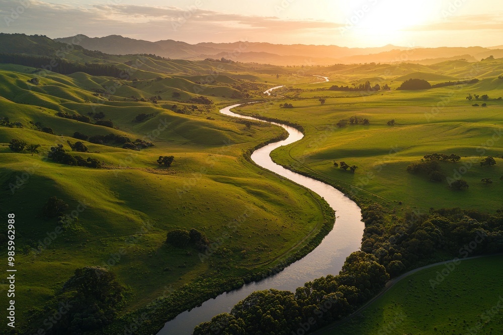 Lush Green Valley at Sunrise. River Stream Green Grass. Beautiful Landscape Background. Drone Aerial Shot. Lush Green Valley at Sunrise. River Stream Green Grass. Beautiful Landscape Background. Drone Aerial Shot.