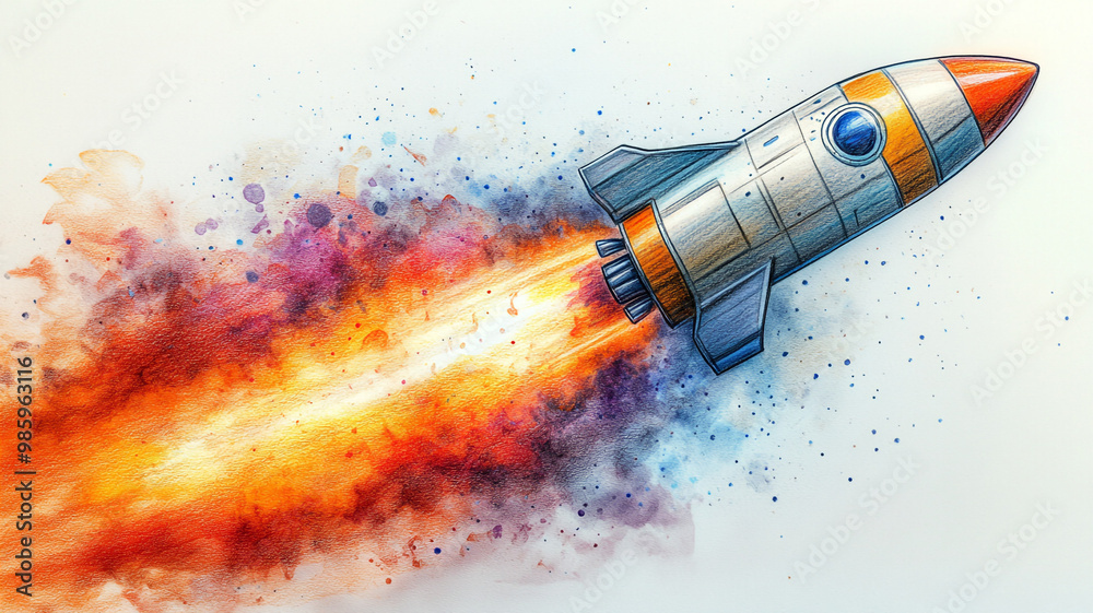 A color drawing of a rocket taking off. Blue background. Pencil drawing, Watercolor drawing of a children's rocket. A color drawing of a rocket taking off. Blue background. Pencil drawing, Watercolor drawing of a children's rocket.