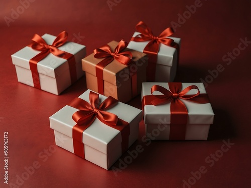 Gift boxes with ribbons on a vibrant red background.