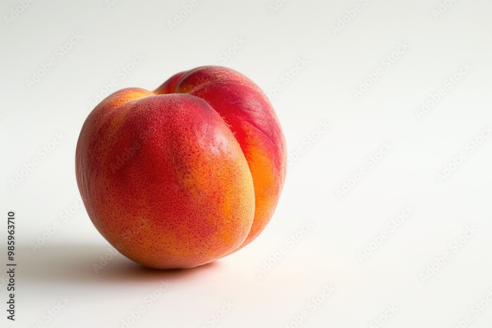 A single peach sits on a white background, isolated from distractions A single peach sits on a white background, isolated from distractions