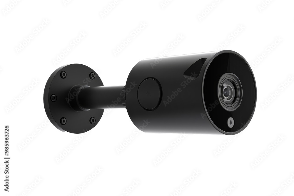 A sleek black outdoor security camera is securely mounted on a wall, providing enhanced safety features for residential surveillance and monitoring. A sleek black outdoor security camera is securely mounted on a wall, providing enhanced safety features for residential surveillance and monitoring.