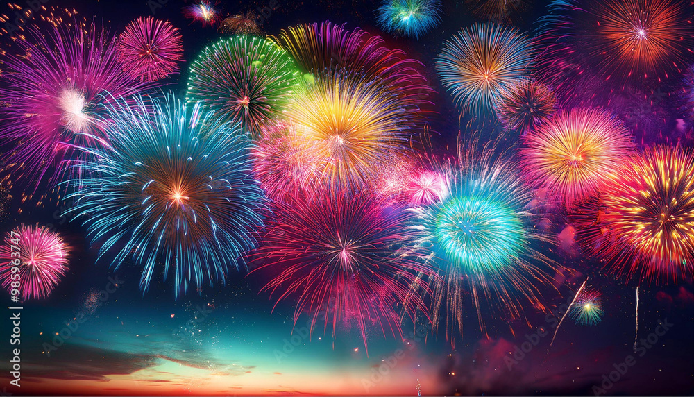 Detalhe de vários fogos de artifício coloridos iluminando o céu noturno.  Conceito de comemoração.