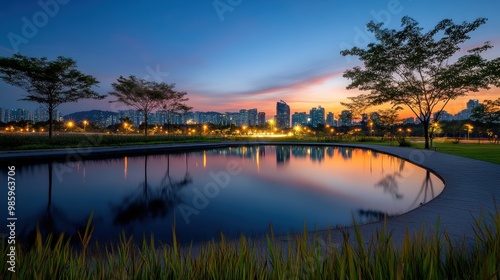 Peaceful Nighttime Scene by a Serene Body of Water with Urban Hints