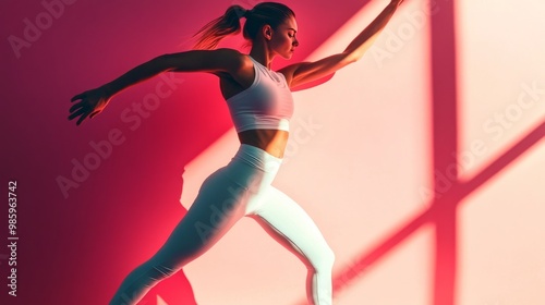 Lady exercising on pink wall