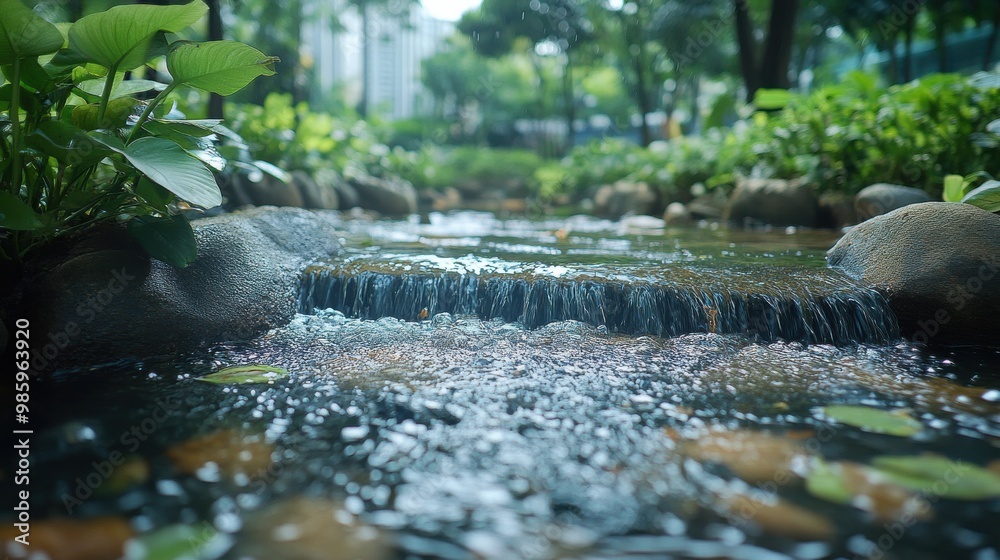 Fototapeta premium Peaceful park landscape with serene stream and lush greenery.