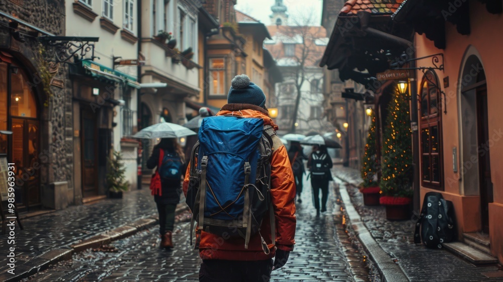 A man wearing a backpack walks down a street on a rainy day A man wearing a backpack walks down a street on a rainy day
