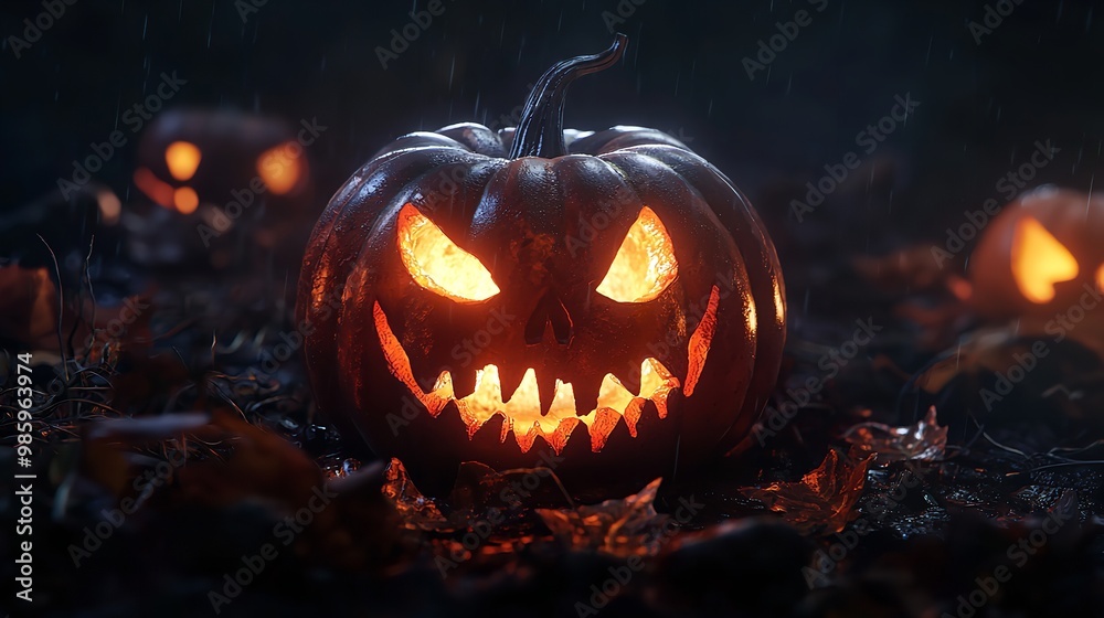 Fototapeta premium Halloween jack-o-lantern glowing face in the darkness