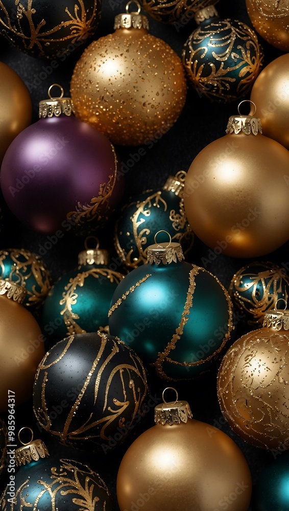 Glittering Christmas ornaments on a luxurious black background. Glittering Christmas ornaments on a luxurious black background.