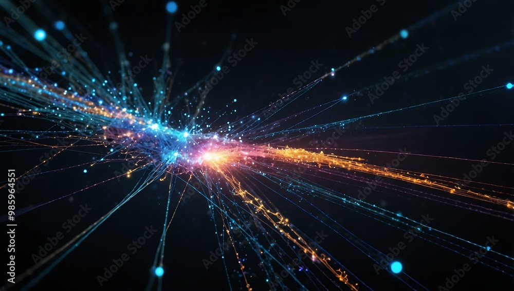 Glowing digital network with fiber optics transmitting data. Glowing digital network with fiber optics transmitting data.