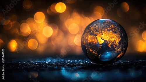 glowing globe, black setting (close up, focus on, copy space) dazzling and lively tones Double exposure silhouette with glowing ball 