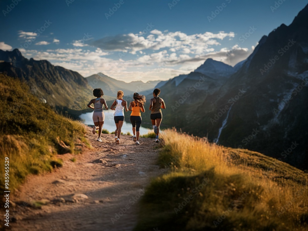 Obraz premium Four women are running up a mountain path in the daylight.