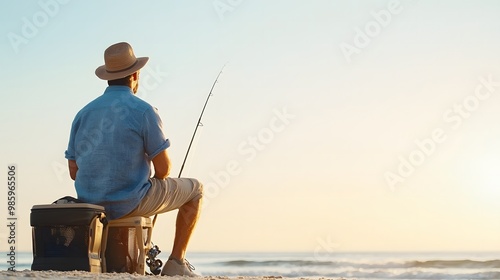 Serene Surf Fishing Experience - Angler on Beach with Waves and Fishing Gear Capturing the Tranquility of Coastal Fishing Moments photo