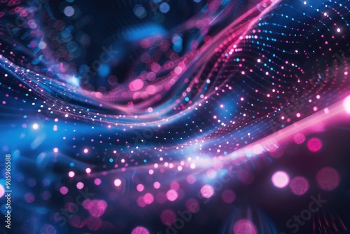 A vibrant abstract design featuring swirling blues and pinks with glowing lights