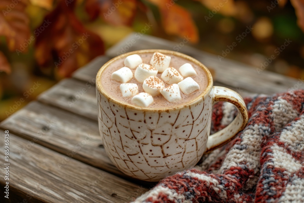 A steaming cup of hot chocolate with marshmallows, served on a wooden table with a cozy blanket A steaming cup of hot chocolate with marshmallows, served on a wooden table with a cozy blanket