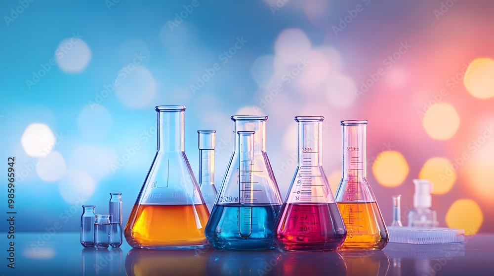 A Collection of Glass Flasks Filled with Colorful Liquids in a Laboratory Setting A Collection of Glass Flasks Filled with Colorful Liquids in a Laboratory Setting