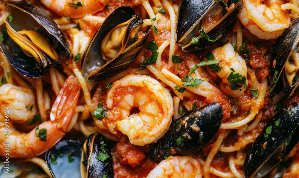 Seafood spaghetti with mussels and shrimp. Seafood spaghetti with mussels and shrimp.