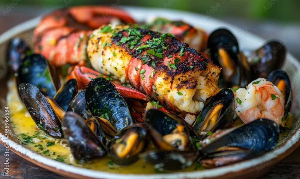 Grilled lobster, mussels, and shrimp on a plate. Grilled lobster, mussels, and shrimp on a plate.