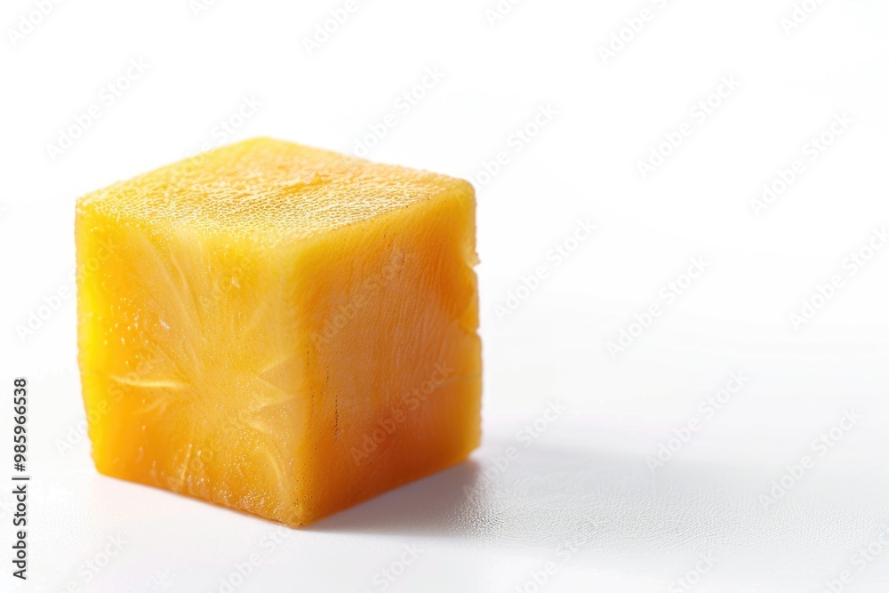 A piece of cheese sits on top of a white surface, perfect for food or product photography A piece of cheese sits on top of a white surface, perfect for food or product photography