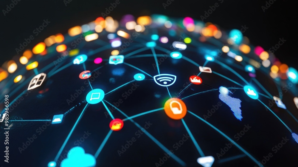 network icons on globe , black setting (close up, focus on, copy space) network icons on globe , black setting (close up, focus on, copy space)