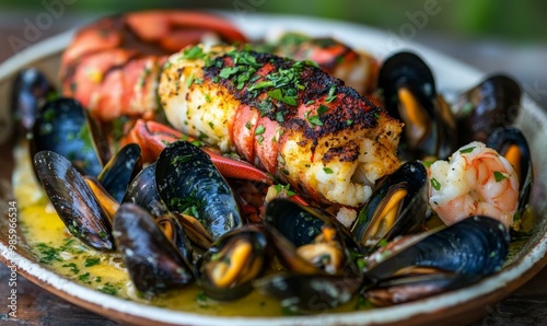 Grilled lobster, mussels, and shrimp on a plate. photo