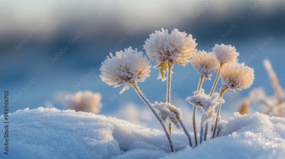 Frost-Covered Plants Emerging from Winter Snow Frost-Covered Plants Emerging from Winter Snow