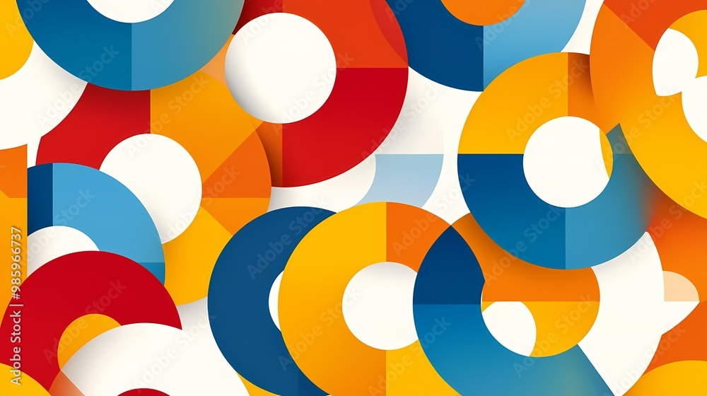 Obraz premium The image is an abstract design made of overlapping circles in blue, orange, and red with white space between. The circles are arranged in a dynamic pattern.