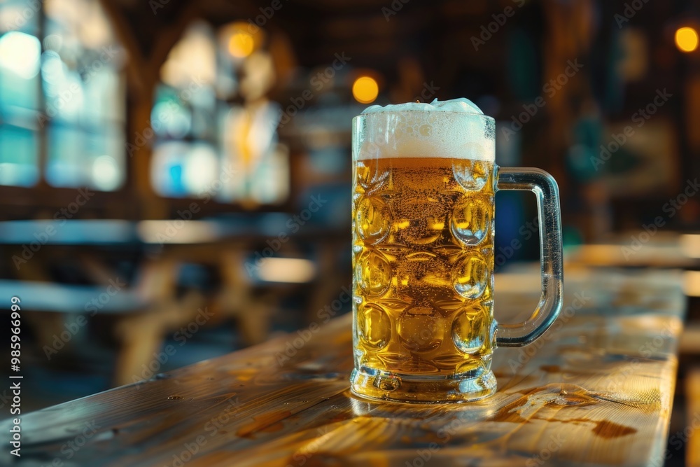 A glass of beer sitting on top of a wooden table, perfect for a casual gathering or bar scene A glass of beer sitting on top of a wooden table, perfect for a casual gathering or bar scene